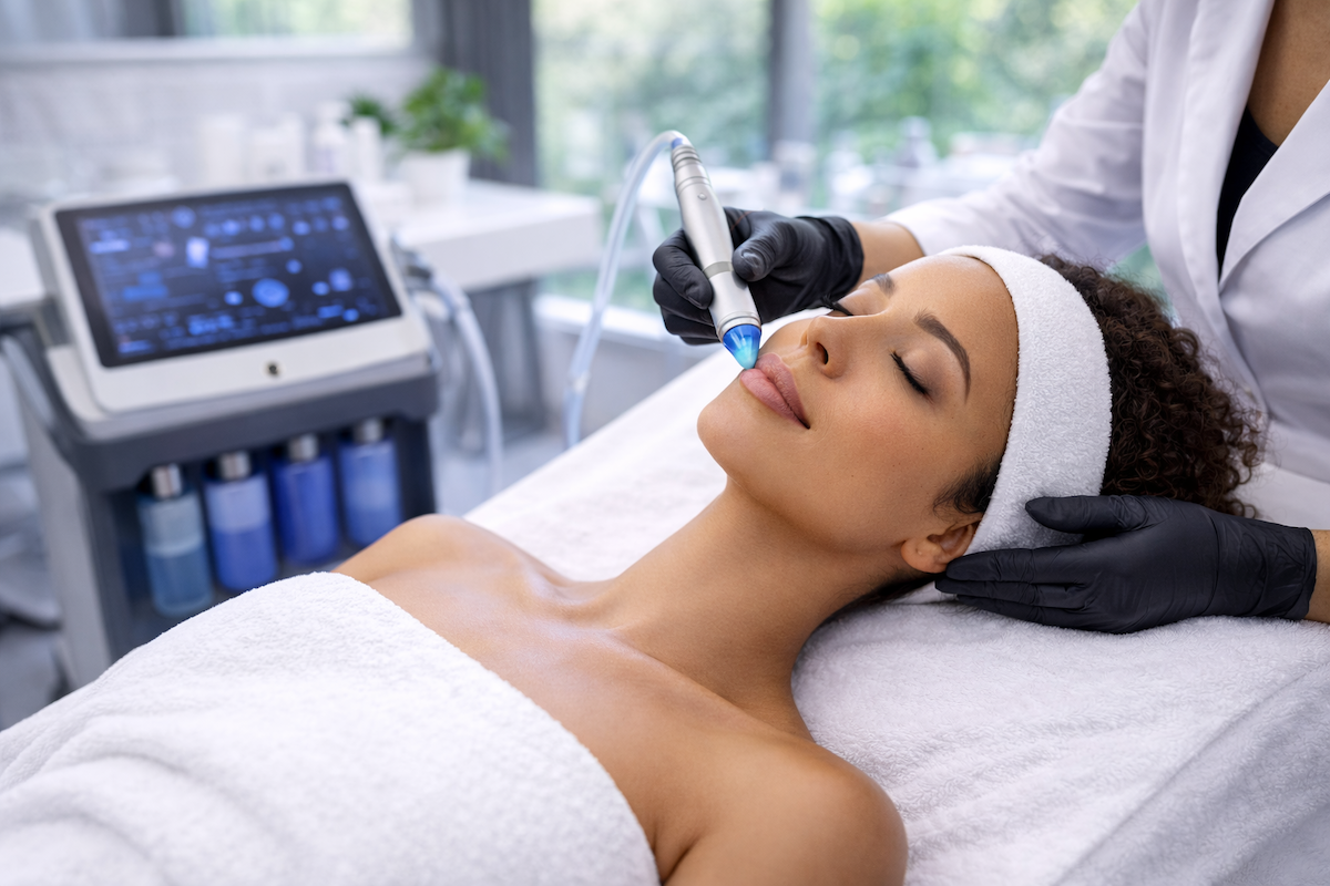 Customized Hydrafacial treatment performed by a skincare professional in a modern medical spa environment
