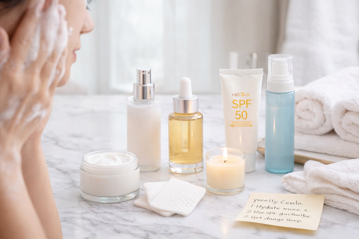 Skincare routine image showing gentle cleansing, hydration, and sun protection as part of Hydrafacial before and after care