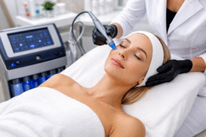 Hydrafacial treatment in progress at a clean, medical spa in Miami using advanced skincare technology