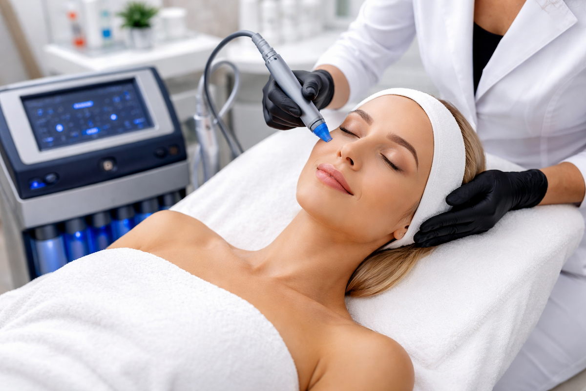 Hydrafacial treatment in progress at a clean, medical spa in Miami using advanced skincare technology