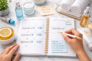 Skincare planning image showing Hydrafacial treatment scheduling as part of a regular maintenance routine