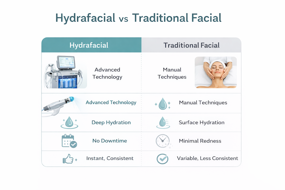 Hydrafacial vs traditional facial comparison showing differences in technology, hydration, downtime, and results