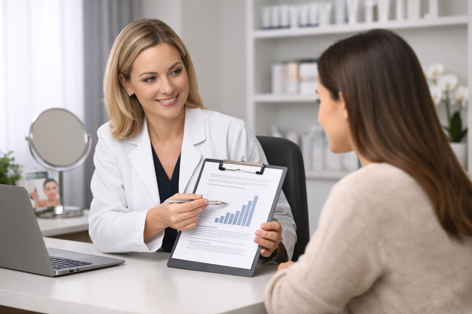 Aesthetic specialist consulting with a patient at a desk in a modern medical spa setting